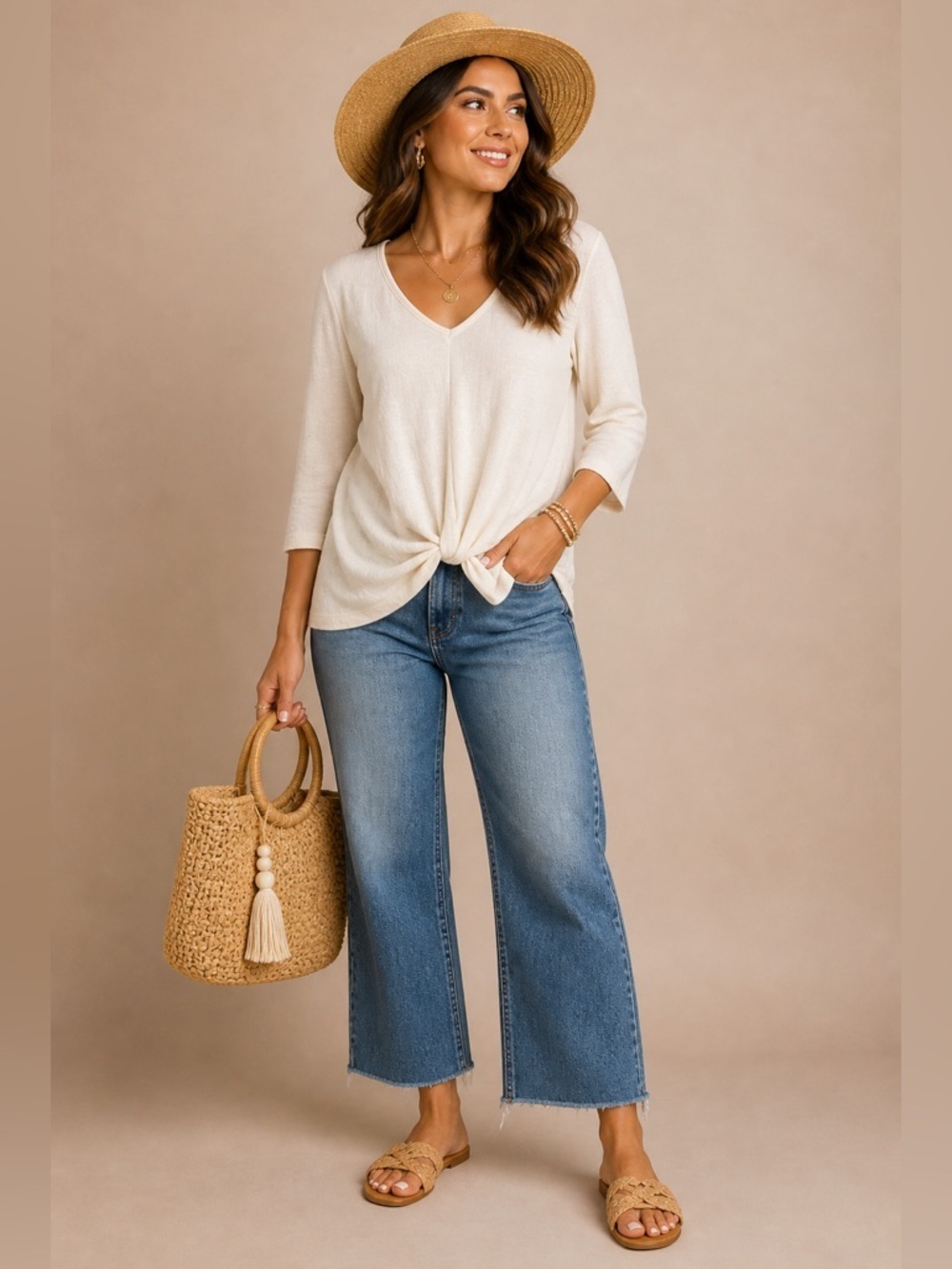 Status by Chennault Cream Twist Front Top M Boho V-Neck 3/4 Sleeve Lightweight